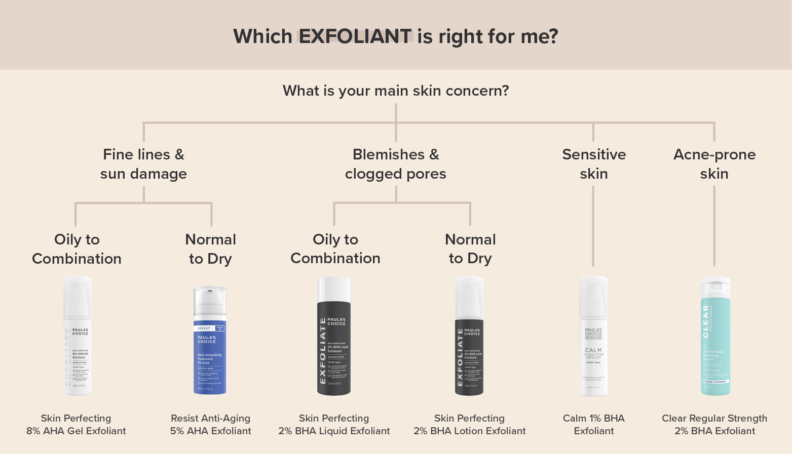 Paula's Choice AHA and BHA exfoliants for different skin concerns.
